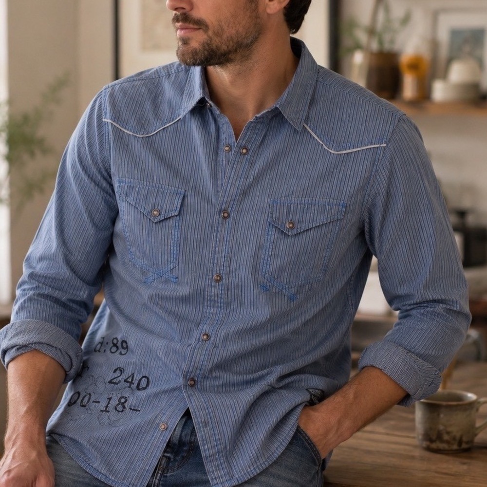 DKNY Jeans Men's L Blue Pinstripe Long Sleeve Western Button‎ Down Shirt Snaps